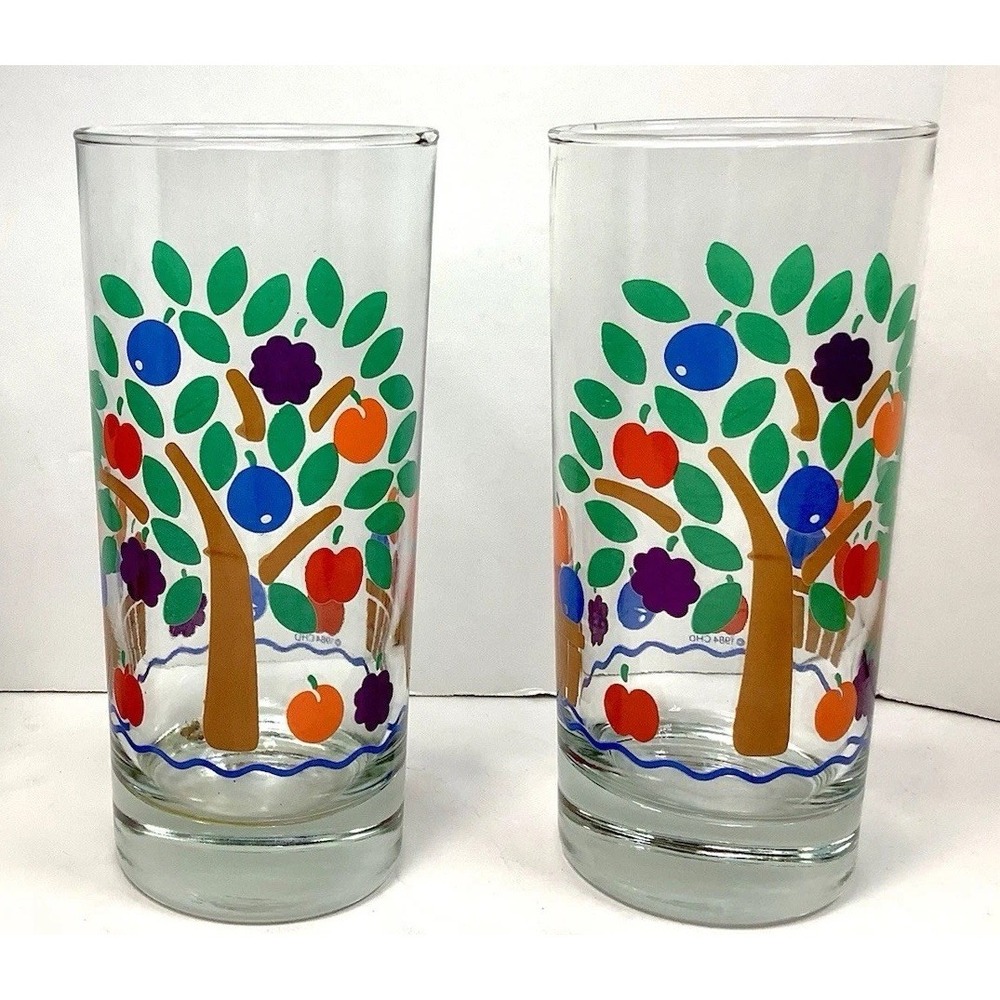 NEW 2 Vintage 1984 CHD Glasses/Tumbers Tree‎ & Fruit Design Apple Orchard Nice !